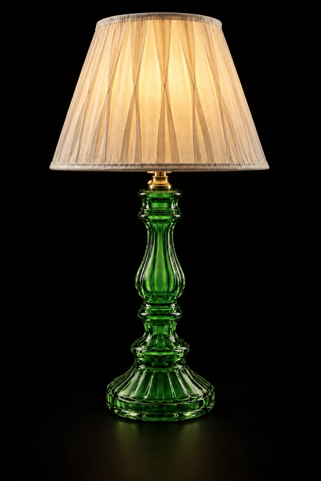 Rangstambh Emerald-Green Fluted-Glass Baluster Table Lamp — Pleated Ivory Shade · SGE-TL-092 · Samrat Glass Emporium