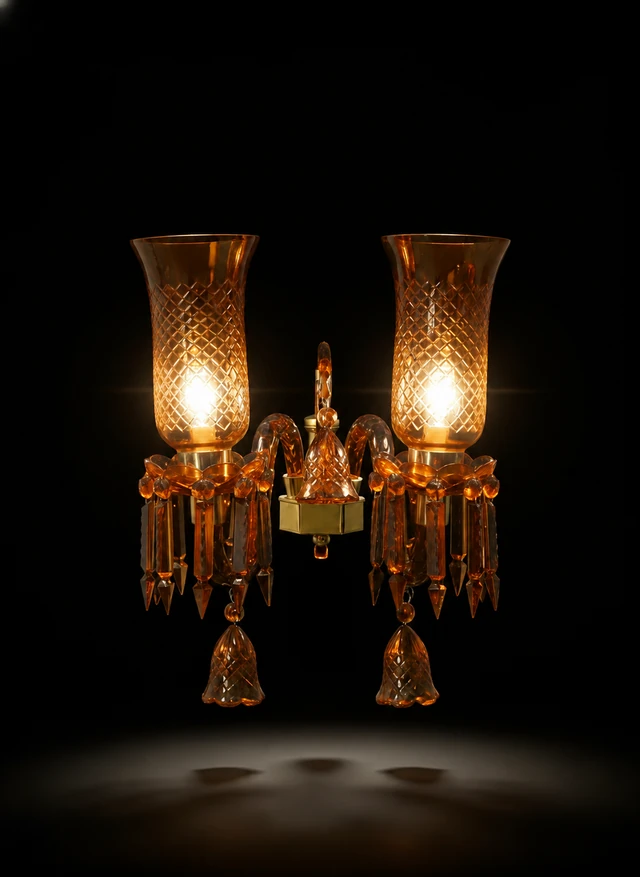 Meher Diamond-Cut Tulip Twin-Light Crystal Wall Sconce — Amber · Wall Light · SGE-WL-069 · Samrat Glass Emporium