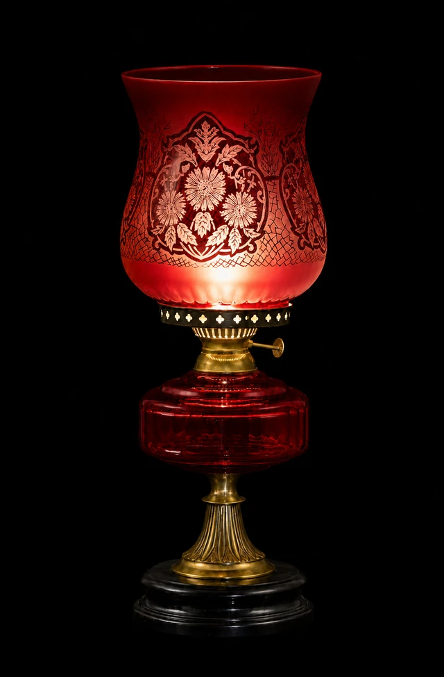 Gulbagh Floral-Etched Hurricane Table Lamp — Ruby Red · SGE-TL-025 · Samrat Glass Emporium