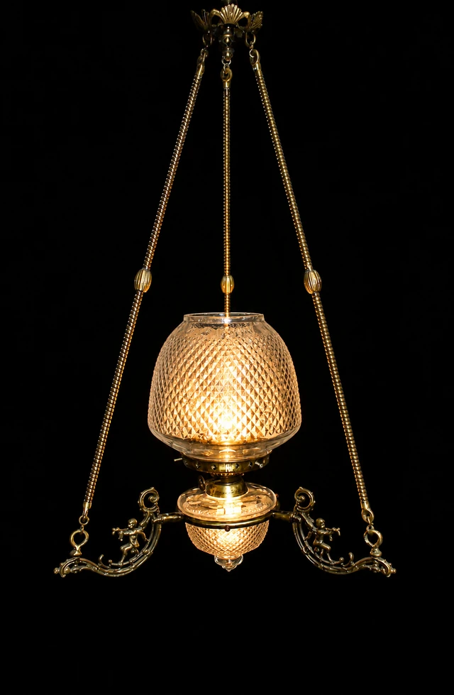 Cherub Motif Diamond-Cut Glass Hanging Light — Twin Scroll Supports · SGE-HL-035 · Samrat Glass Emporium