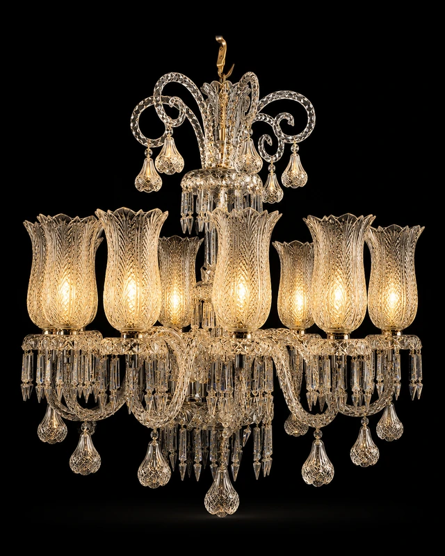 Mayurrekha Feather-Cut Tulip Twelve-Light Crystal Chandelier · SGE-CH-008 · Samrat Glass Emporium