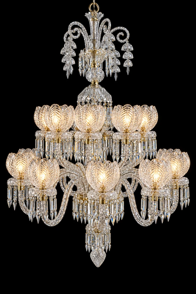 Mayurpushp Feather-Tulip Twenty-Light Two-Tier Grand Crystal Chandelier · SGE-CH-153 · Samrat Glass Emporium