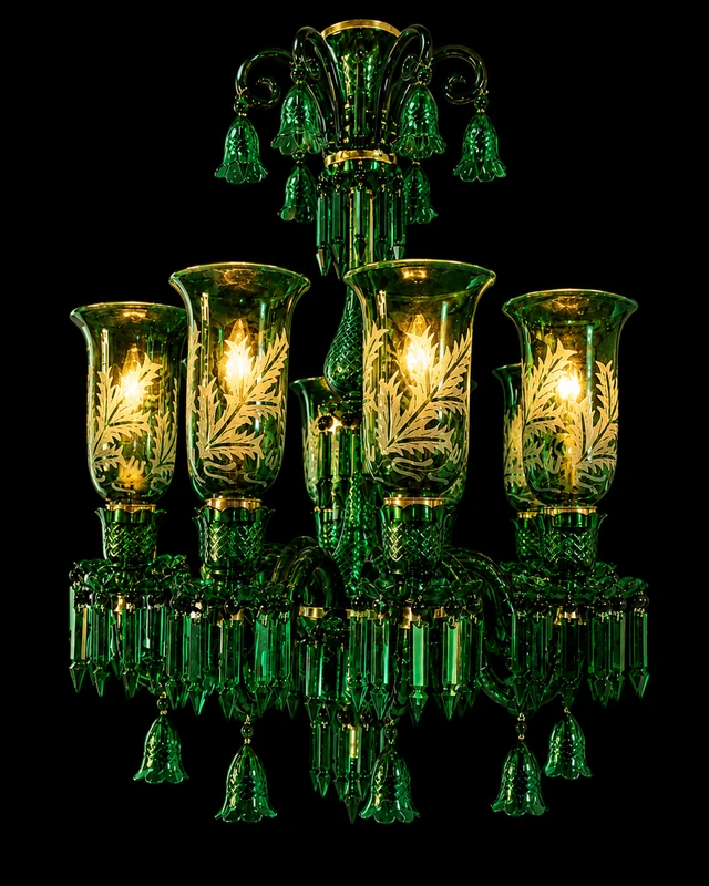 Afsana Etched Leaf Tulip Grand Chandelier — 8-Light Emerald Green · SGE-CH-125 · Samrat Glass Emporium