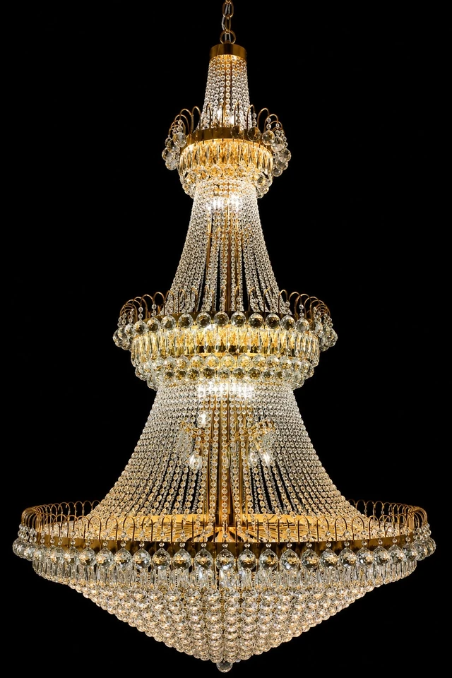Ratnamala Concentric Crystal-Dome Cascade Chandelier — Three-Tier Gold · SGE-CH-126 · Samrat Glass Emporium