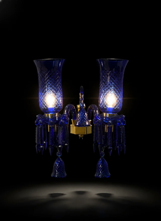 Meher Diamond-Cut Tulip Twin-Light Crystal Wall Sconce — Cobalt Blue · Wall Light · SGE-WL-065 · Samrat Glass Emporium