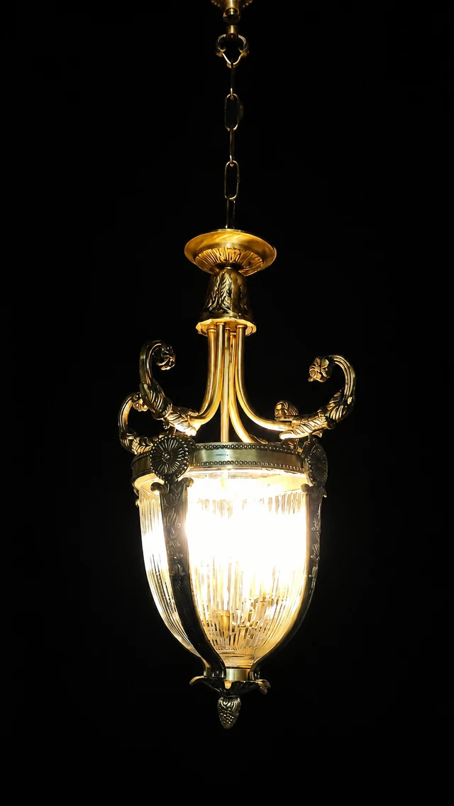 Rajsi Urn Fluted Glass Hanging Light — Ornate Scroll Crown · SGE-HL-044 · Samrat Glass Emporium