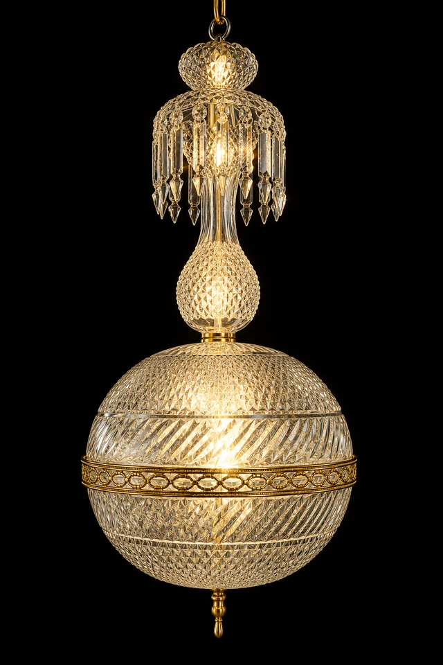 Golak Glass Globe Hanging Light — Diamond-Cut Lotus Crown · SGE-HL-018 · Samrat Glass Emporium