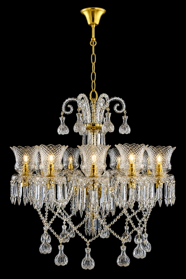 Ratnanjali Basket-Tulip Twelve-Light Crystal Chandelier · SGE-CH-035 · Samrat Glass Emporium