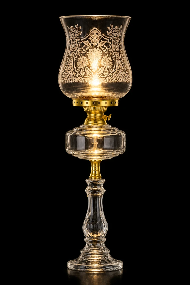 Gulbahar Etched Floral Hurricane Table Lamp — Clear · SGE-TL-069 · Samrat Glass Emporium