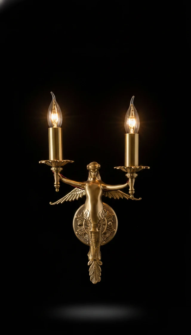 Garudini Winged-Figure Twin-Light Antique Brass Wall Sconce · Wall Light · SGE-WL-041 · Samrat Glass Emporium