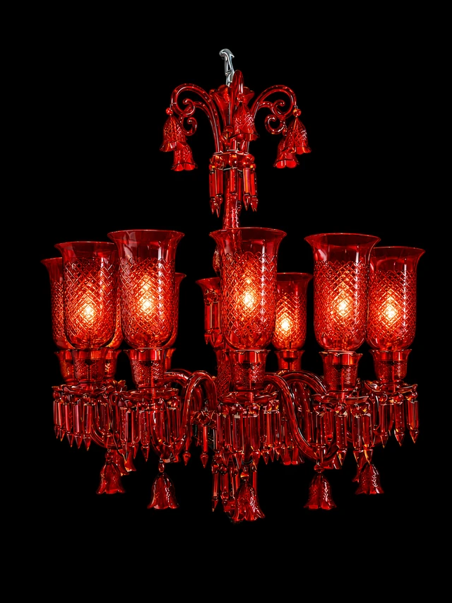 Meher Diamond-Cut Tulip Grand Chandelier — 12-Light Ruby Red · SGE-CH-084 · Samrat Glass Emporium