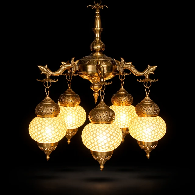 Jaalika Lattice Glass Chandelier — Five-Light Antique Gold · SGE-CH-047 · Samrat Glass Emporium