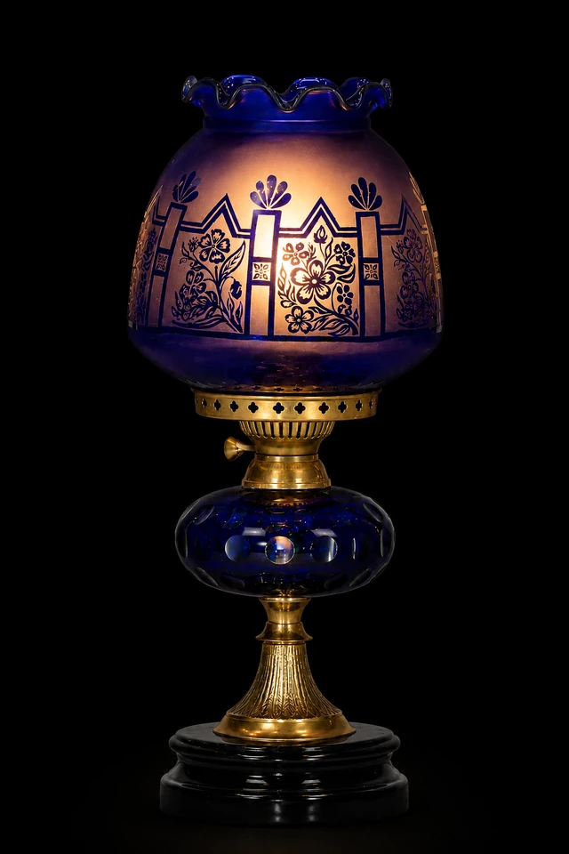 Rangbagh Scalloped Floral Hurricane Table Lamp — Cobalt Dimpled Reservoir · SGE-TL-061 · Samrat Glass Emporium