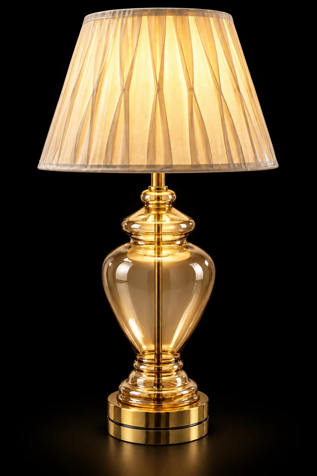 Kanak Kalash Amber-Glass Urn Table Lamp — Pleated Ivory Shade · SGE-TL-093 · Samrat Glass Emporium