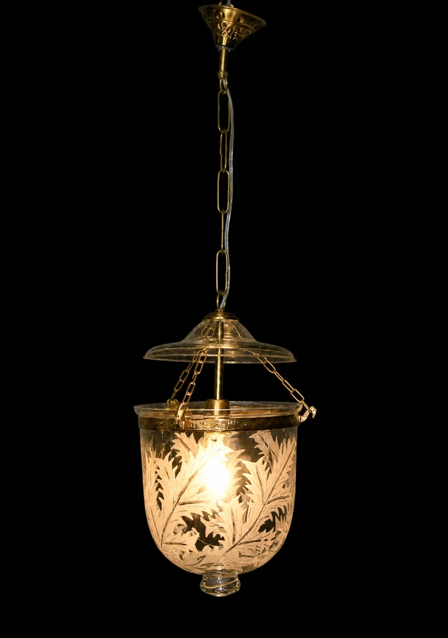 Kandil Bell-Jar Glass Hanging Light — Etched Fern Compact · SGE-HL-006 · Samrat Glass Emporium