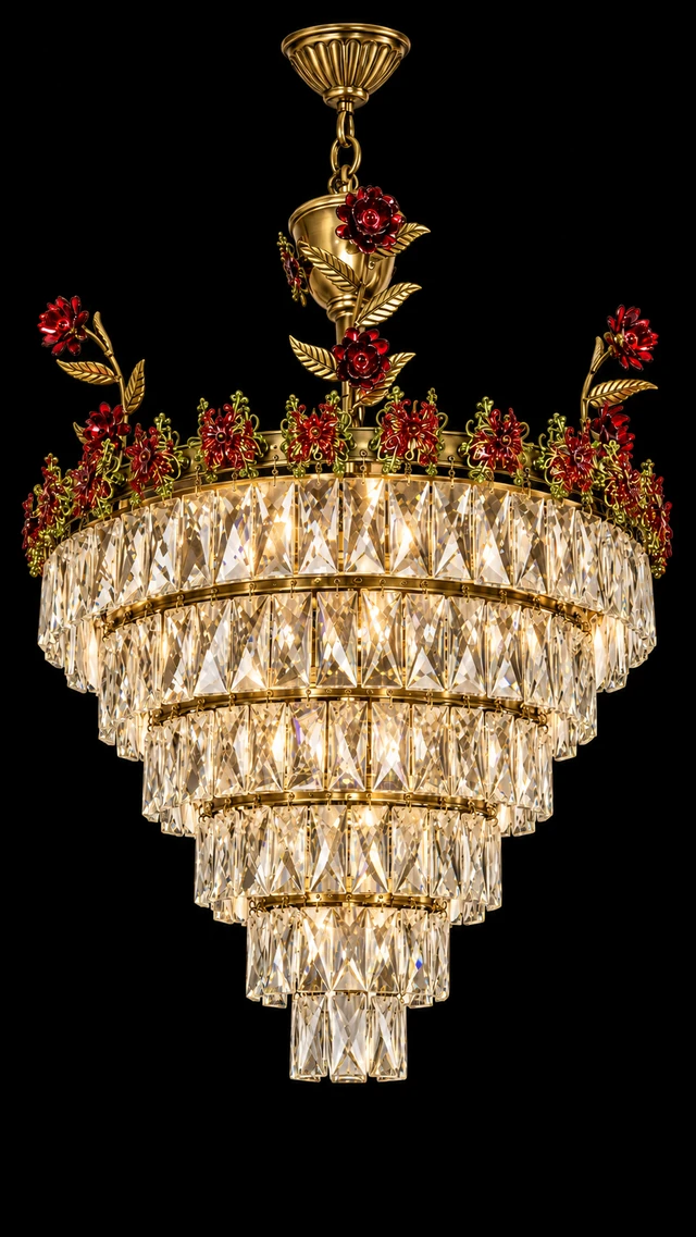 Gulabshikhar Red-Rose Crystal-Prism Six-Tier Cascade Chandelier · SGE-CH-148 · Samrat Glass Emporium