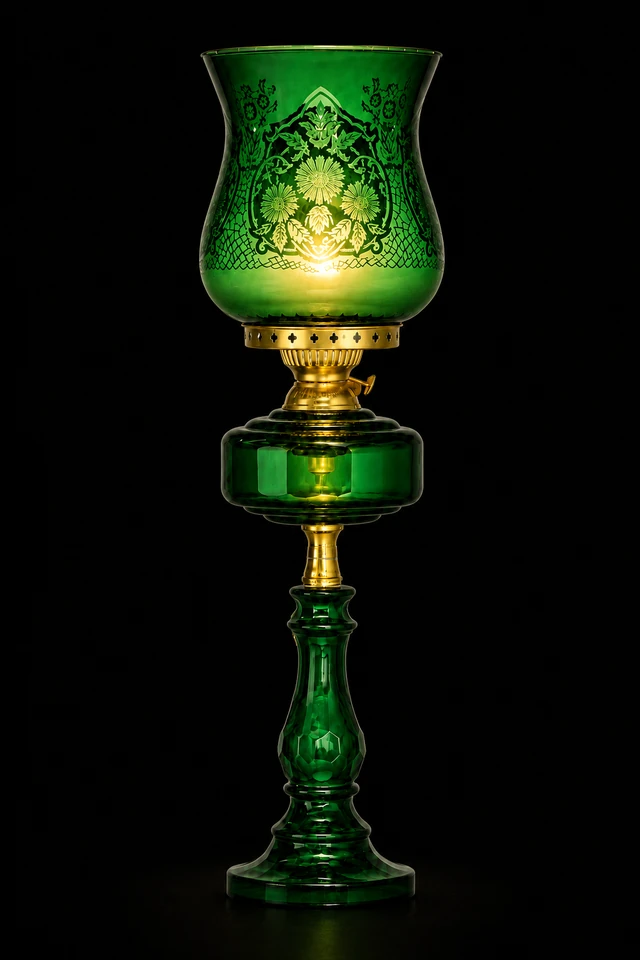 Gulbahar Etched Floral Hurricane Table Lamp — Emerald Green · SGE-TL-068 · Samrat Glass Emporium