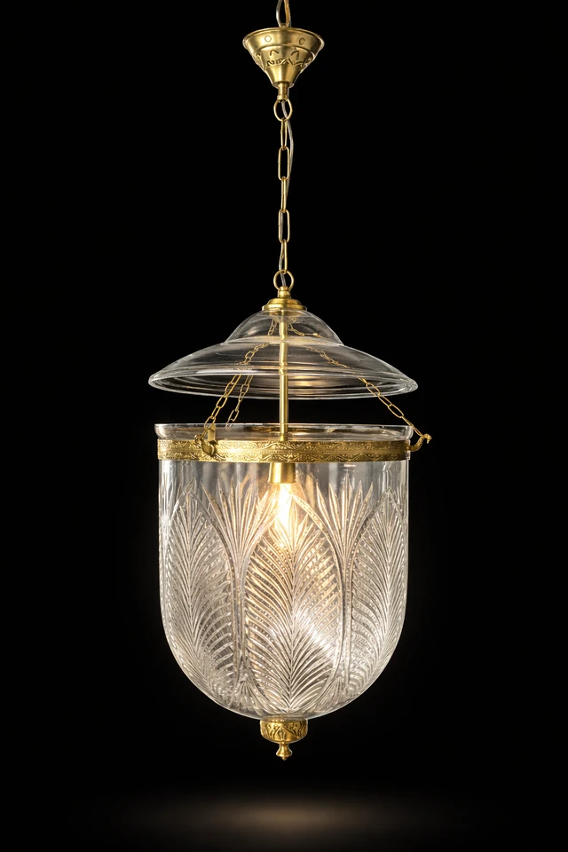 Kandil Bell-Jar Glass Hanging Light — Feather-Cut Clear · SGE-HL-031 · Samrat Glass Emporium