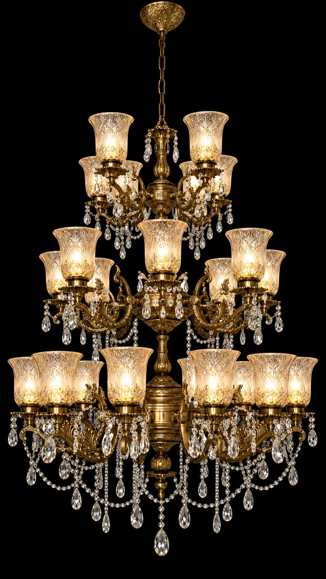 Ratnadeep Fan-Cut Diamond-Panel Hurricane Glass Chandelier — Grand Three-Tier Crystal Cascade · SGE-CH-147 · Samrat Glass Emporium