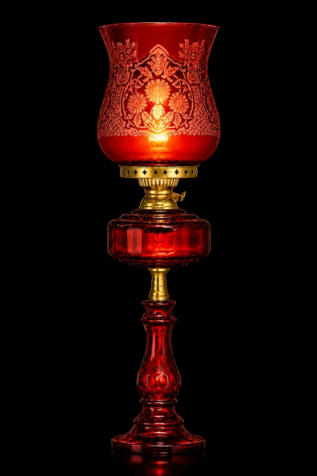 Gulbahar Etched Floral Hurricane Table Lamp — Ruby Red · SGE-TL-070 · Samrat Glass Emporium