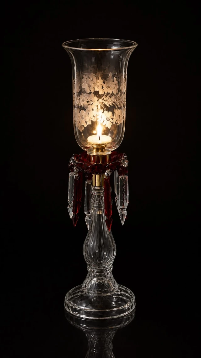 Etched Blossom Ruby Drop Candle Stand · SGE-CS-006 · Samrat Glass Emporium