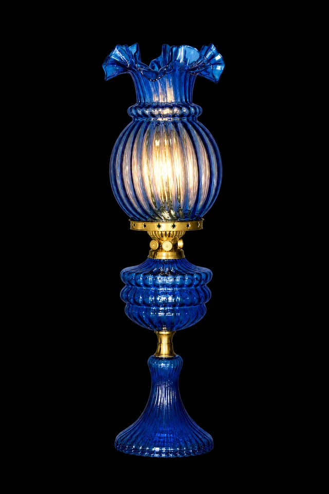 Gulzar Cobalt-Blue Ribbed Ruffled-Crown Glass Table Lamp · SGE-TL-019 · Samrat Glass Emporium