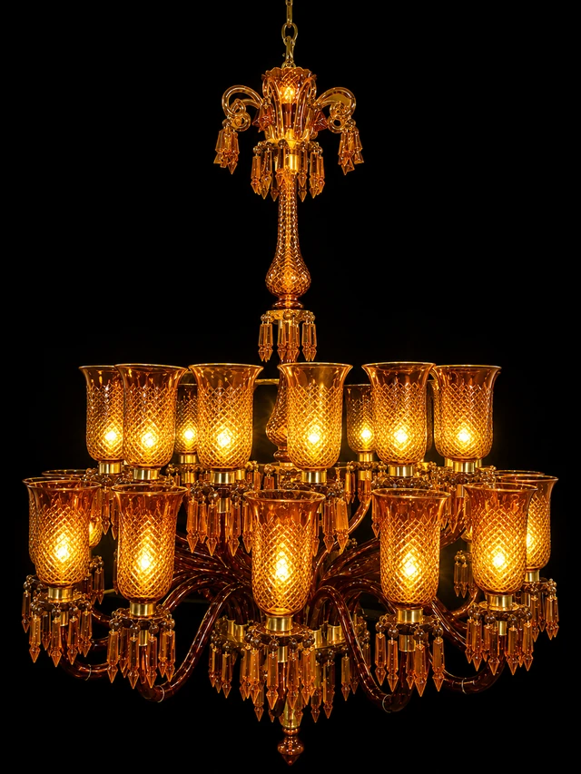Amber Crown Thirty-Light Two-Step Cut-Glass Chandelier · SGE-CH-090 · Samrat Glass Emporium