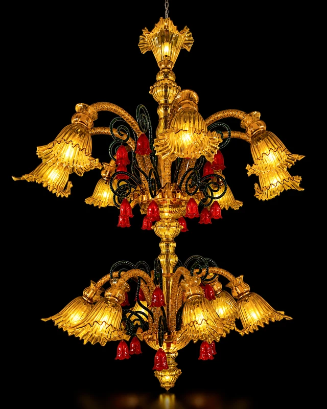Gulzar Amber-Ruby Nine-Light Two-Tier Glass Chandelier · SGE-CH-075 · Samrat Glass Emporium