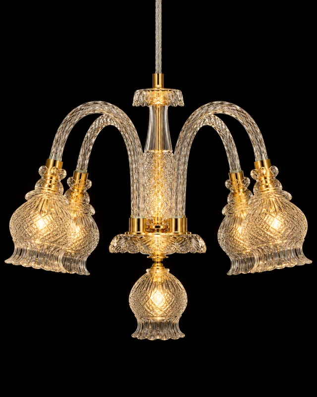 Pushpghanta Diamond-Lattice Bell-Glass Five-Light Chandelier · SGE-CH-143 · Samrat Glass Emporium
